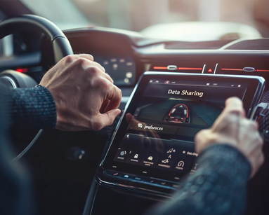 Close-up of a man using a car’s touchscreen infotainment system with data sharing settings visible