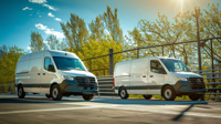 Two Mercedes-Benz Sprinter vans, one medium and one large, parked side by side on a sunny day