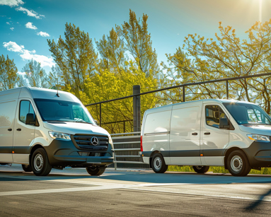 Two Mercedes-Benz Sprinter vans, one medium and one large, parked side by side on a sunny day
