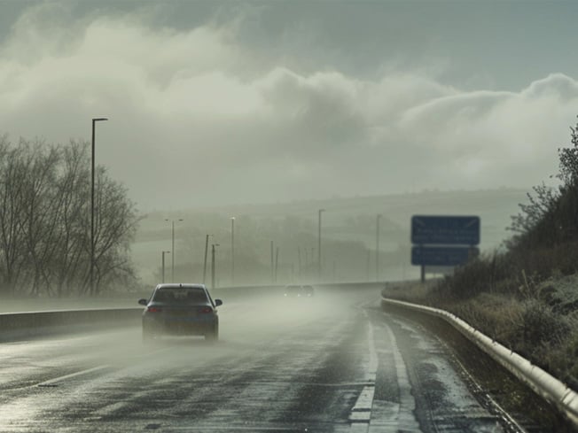 Car driving on a wet UK motorway in rainy winter weather with low visibility