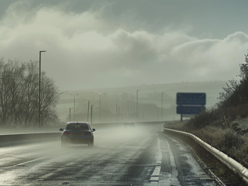 Car driving on a wet UK motorway in rainy winter weather with low visibility
