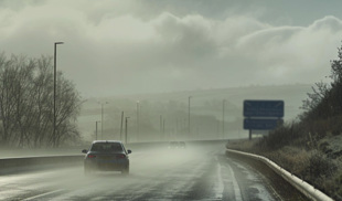 Car driving on a wet UK motorway in rainy winter weather with low visibility