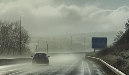 Car driving on a wet UK motorway in rainy winter weather with low visibility