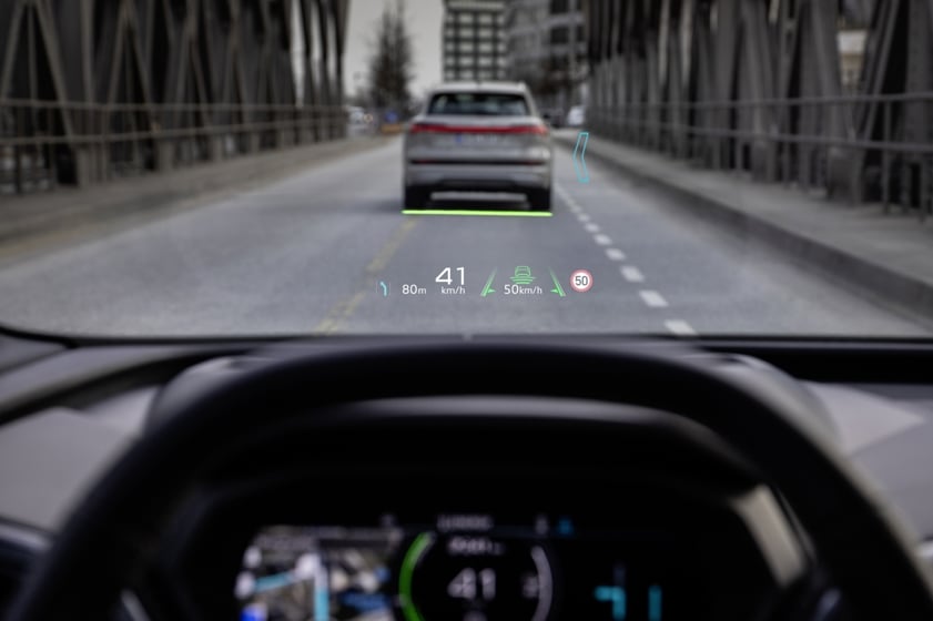 Speed and road data projected onto the windscreen of an Audi car
