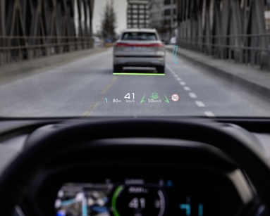 Speed and road data projected onto the windscreen of an Audi car