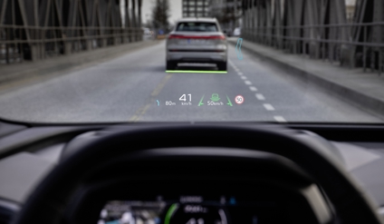 Speed and road data projected onto the windscreen of an Audi car